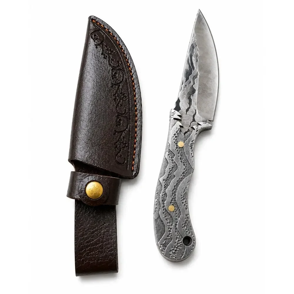Damascus Steel Fixed Blade Hunting Knife Full Tang w/ Leather Sheath Handmade